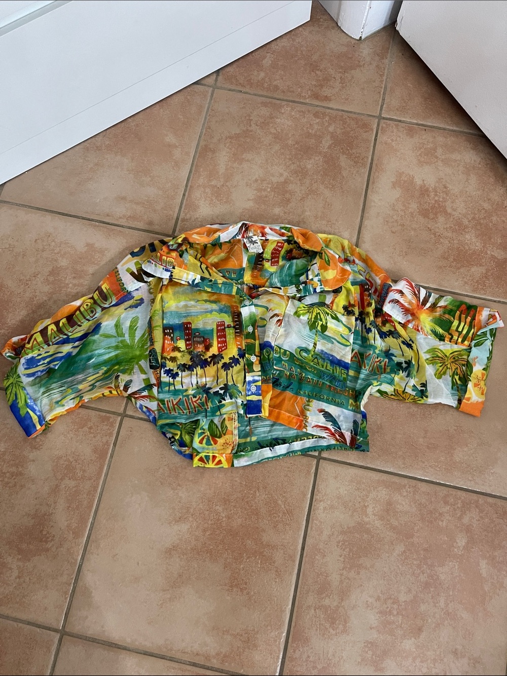 Colorful Tropical Print Womens Button-Up Shirt - Orange/Green/Blue